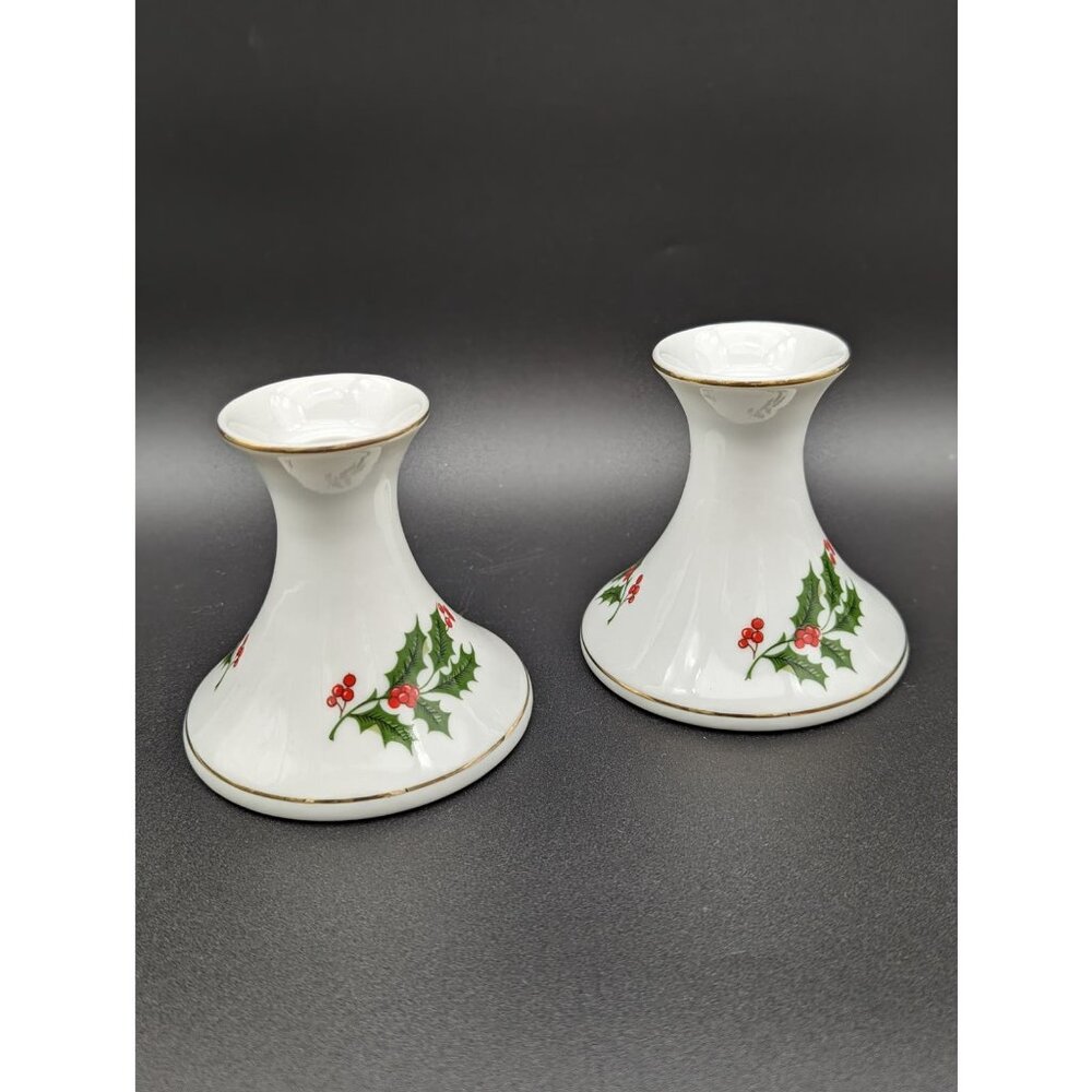 Vintage Japanese Porcelain Pair of All The Trimmings Flared Candlestick Holders